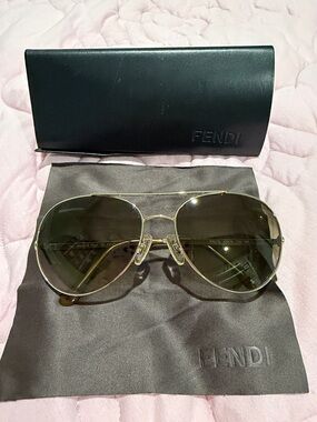 Fendi Gold Metal Aviator Sunglasses with Dark Green Lenses